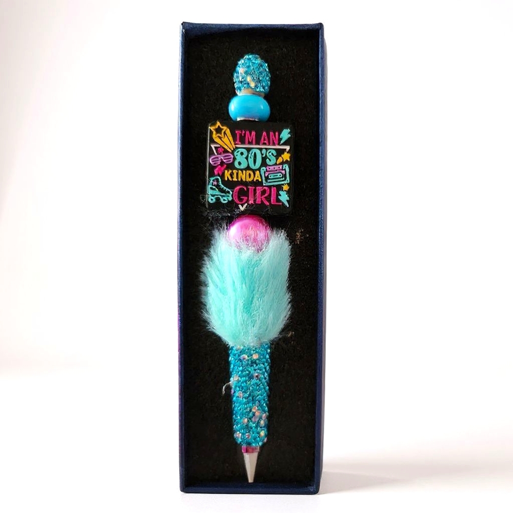 80's Kinda Girl Blue Furry Rhinestone Beaded Retro Pen. Great Gift Idea